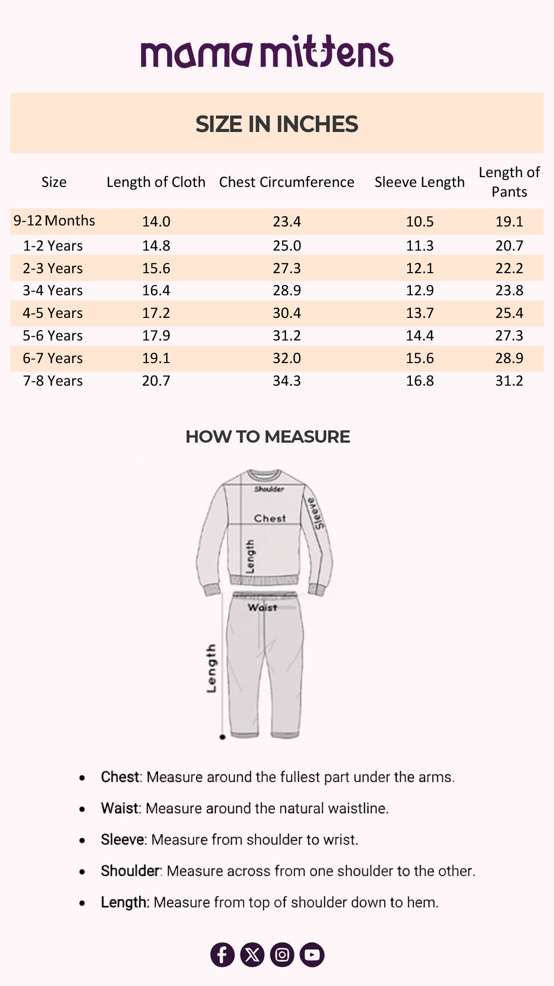 Size Chart for Solid Embossed Loungewear