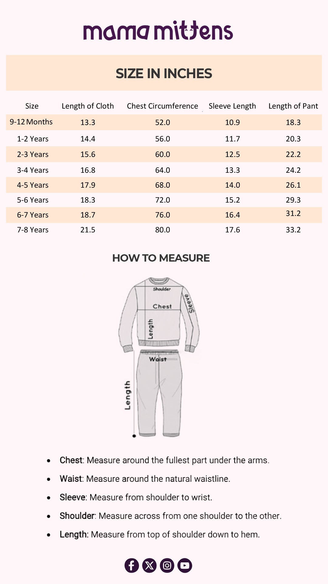 Size Chart for Dino Dreamer Loungewear