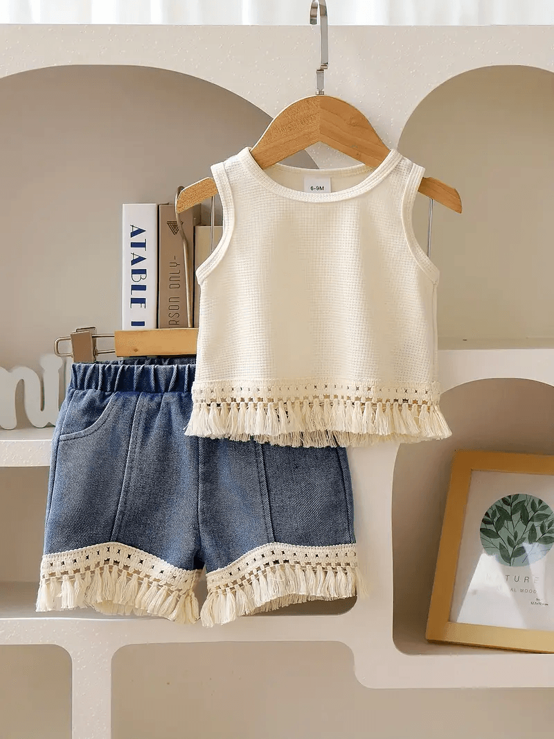 Boho Tassel Top & Shorts Set for Girls