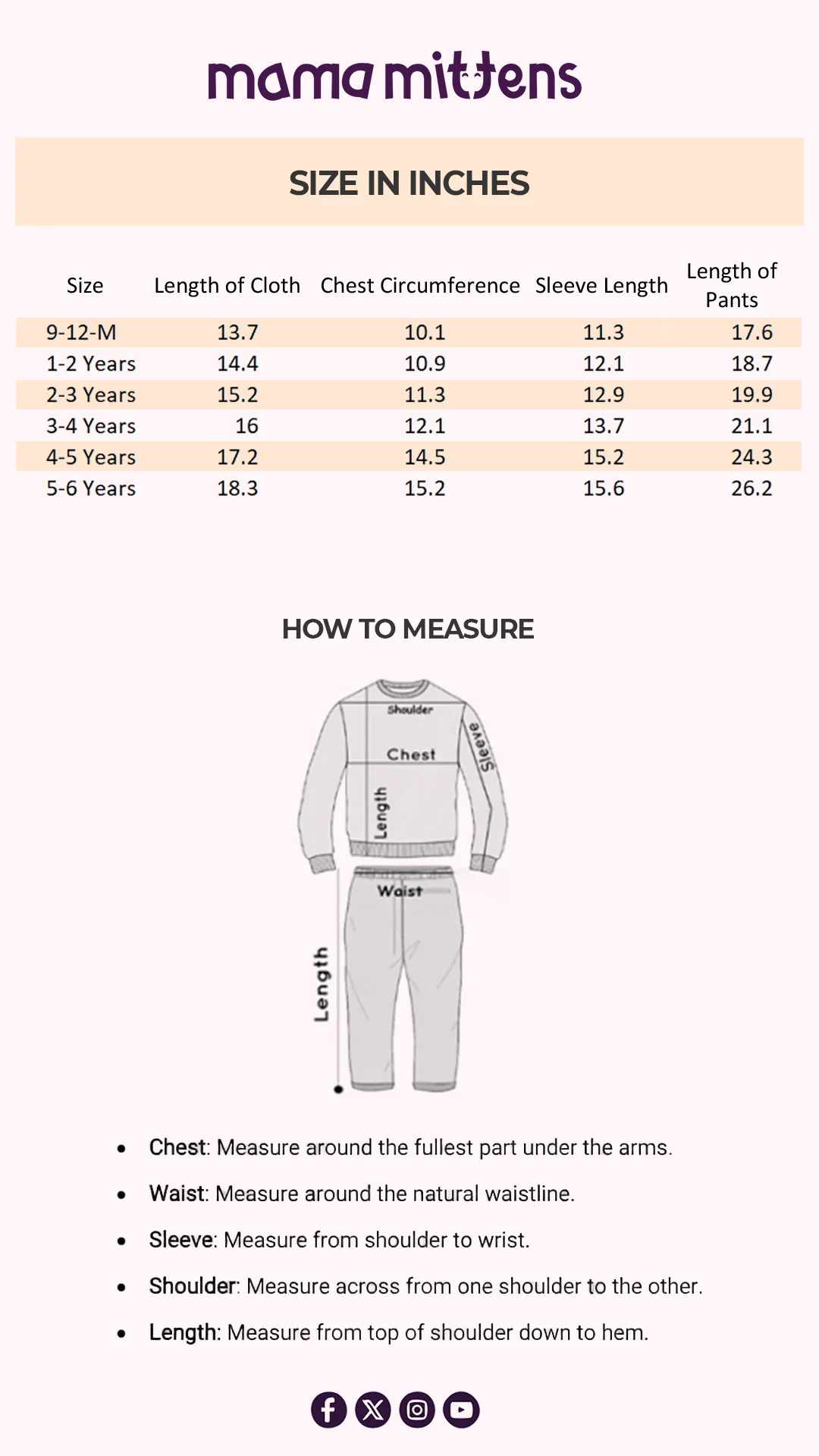 Size Chart for Sweet Dreams Plush Sleepwear