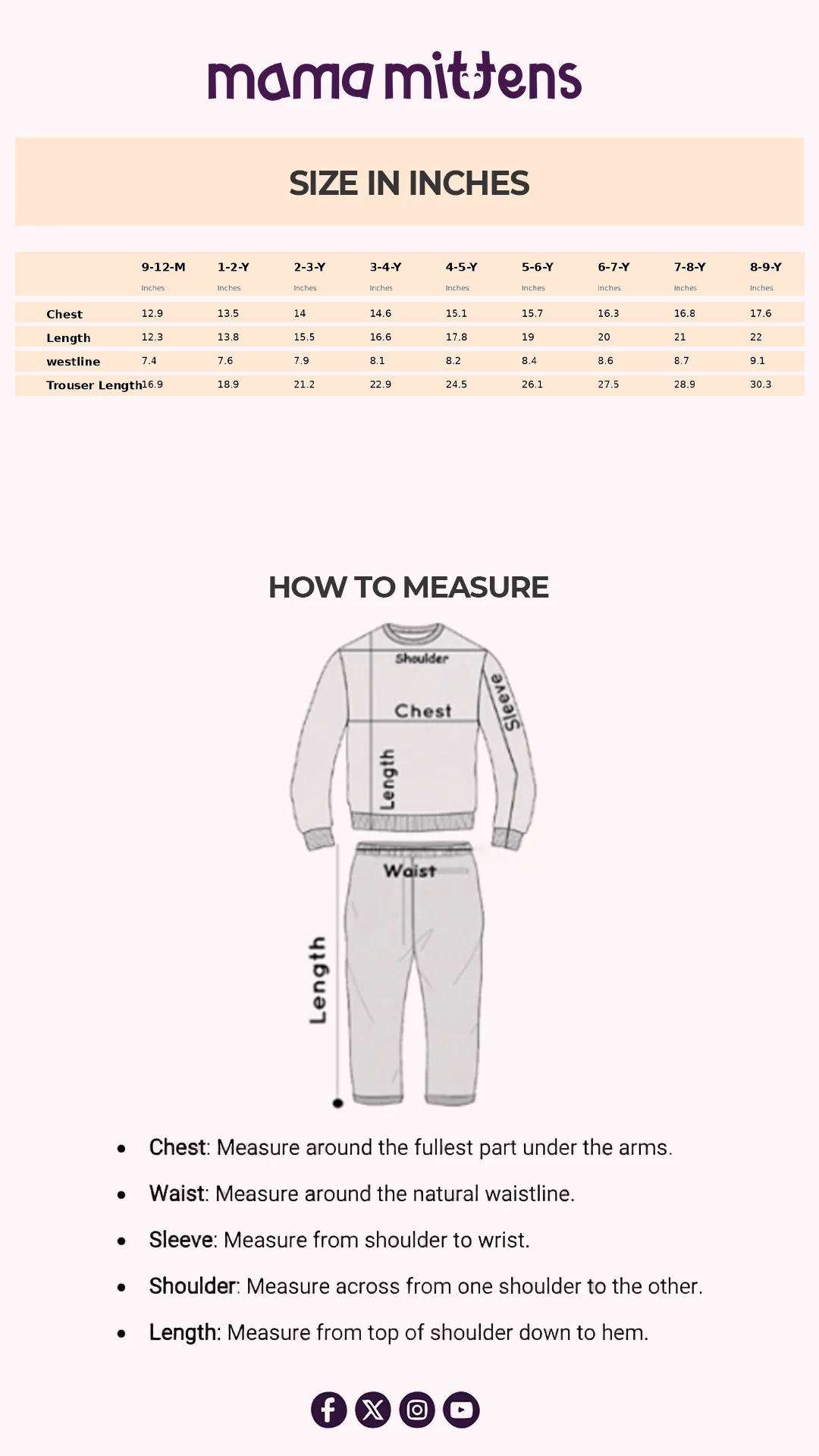 Size Chart for Solid Embossed Loungewear