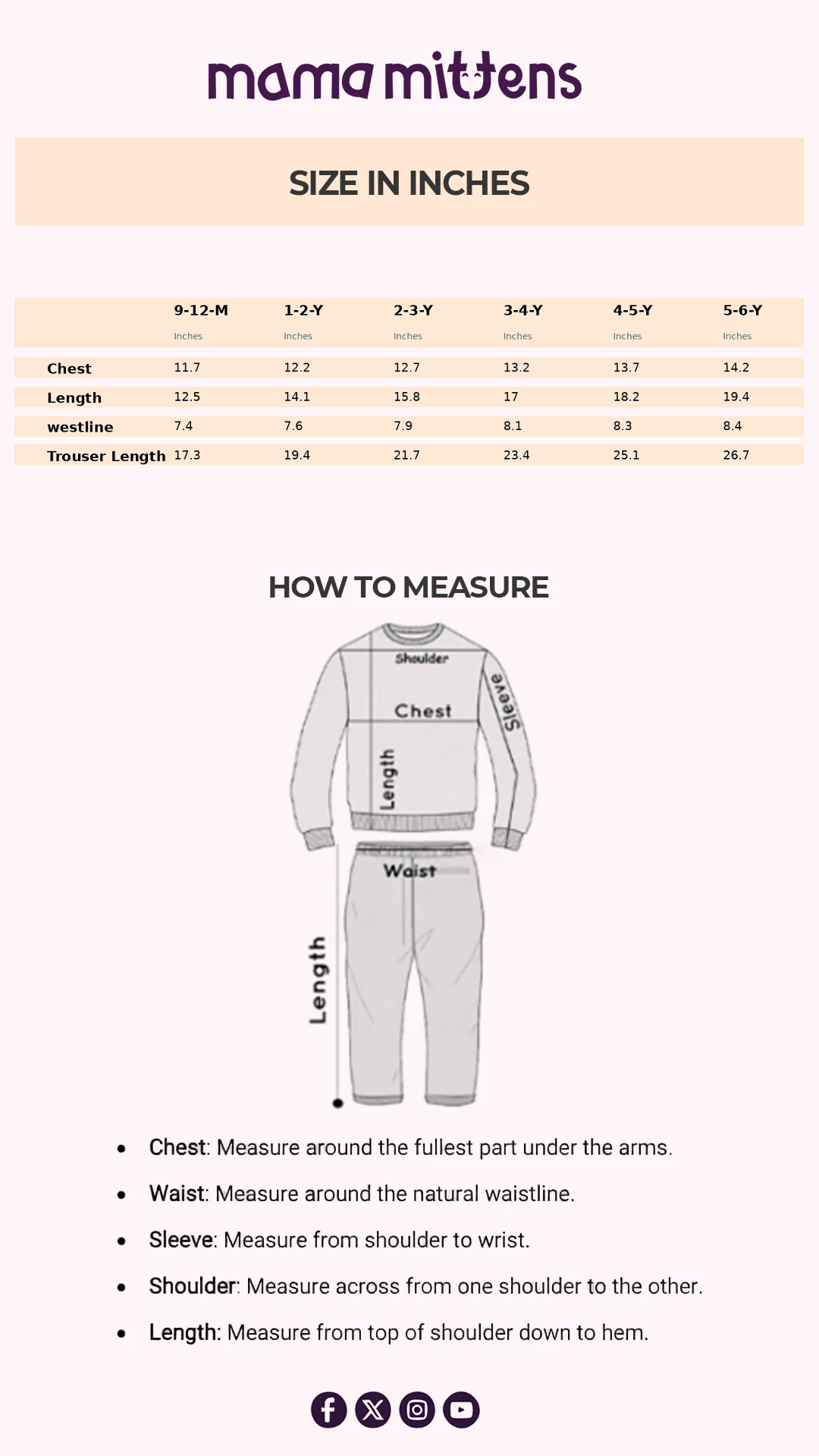 Size Chart for Sweet Dreams Plush Sleepwear
