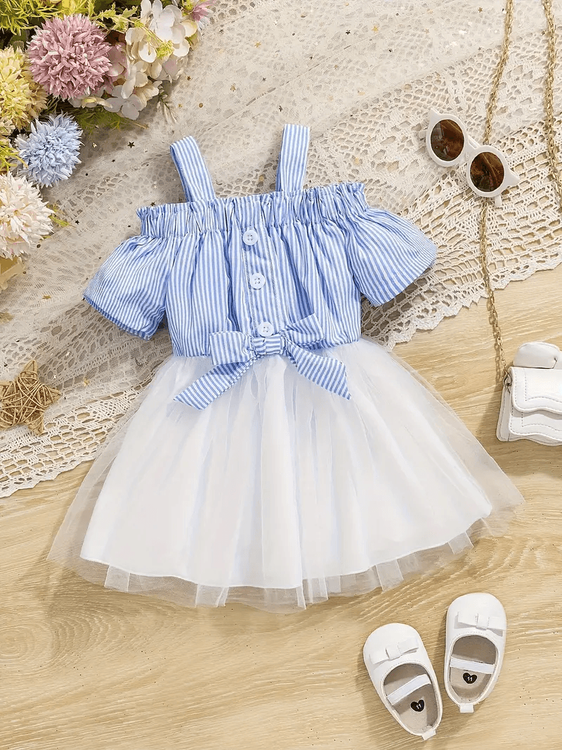 Striped Mesh Ruffle Dress for Girls