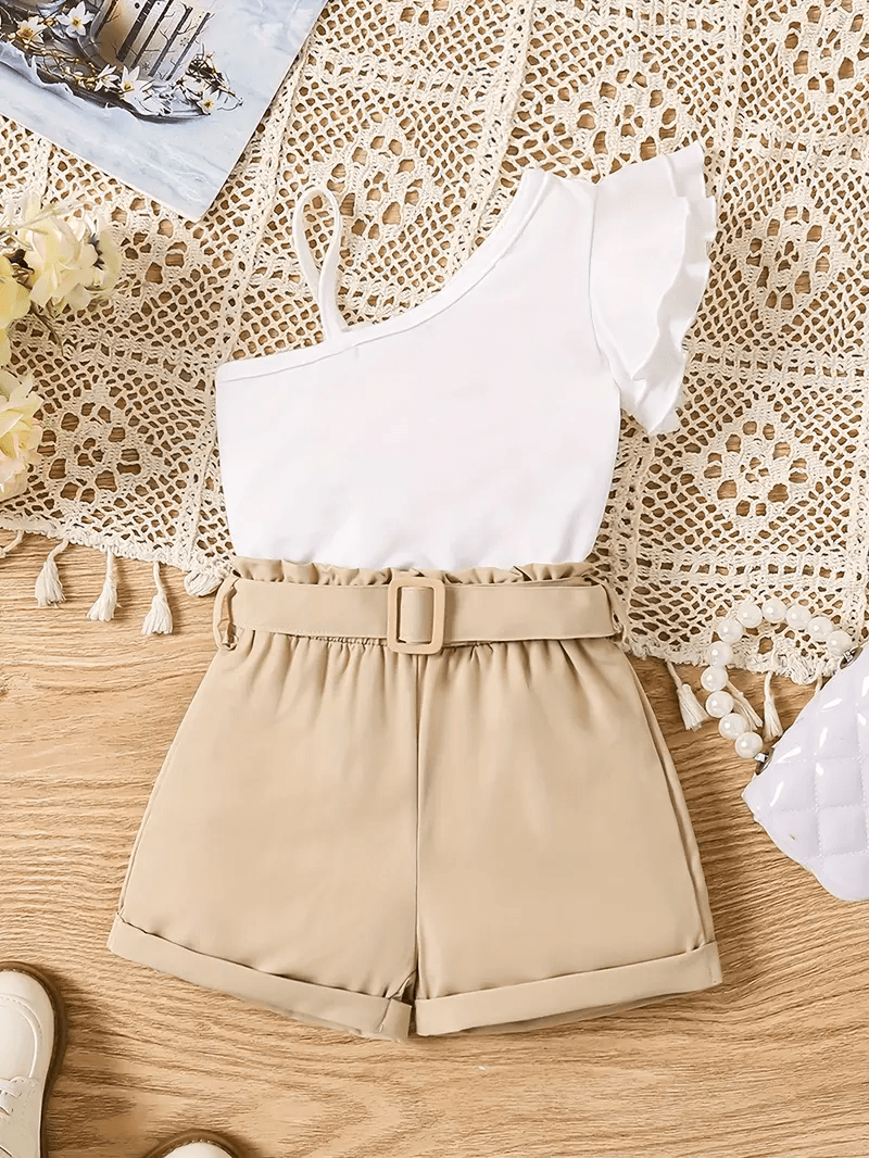 2pcs One-Shoulder Top & Belted Shorts Set for Girls