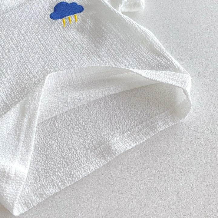 White textured fabric with a blue cloud icon on a white background