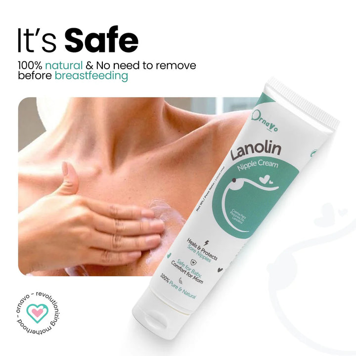 Lanolin Nipple Cream packaging with a woman applying cream to her chest, on a white background.