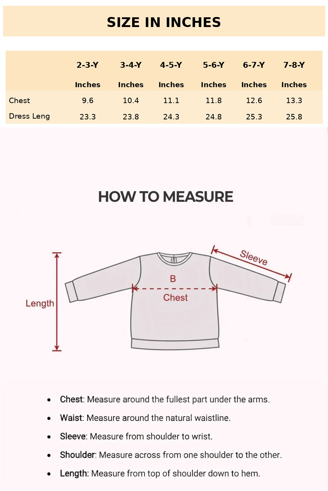 Size Chart for Angela Puffy Smock Dress