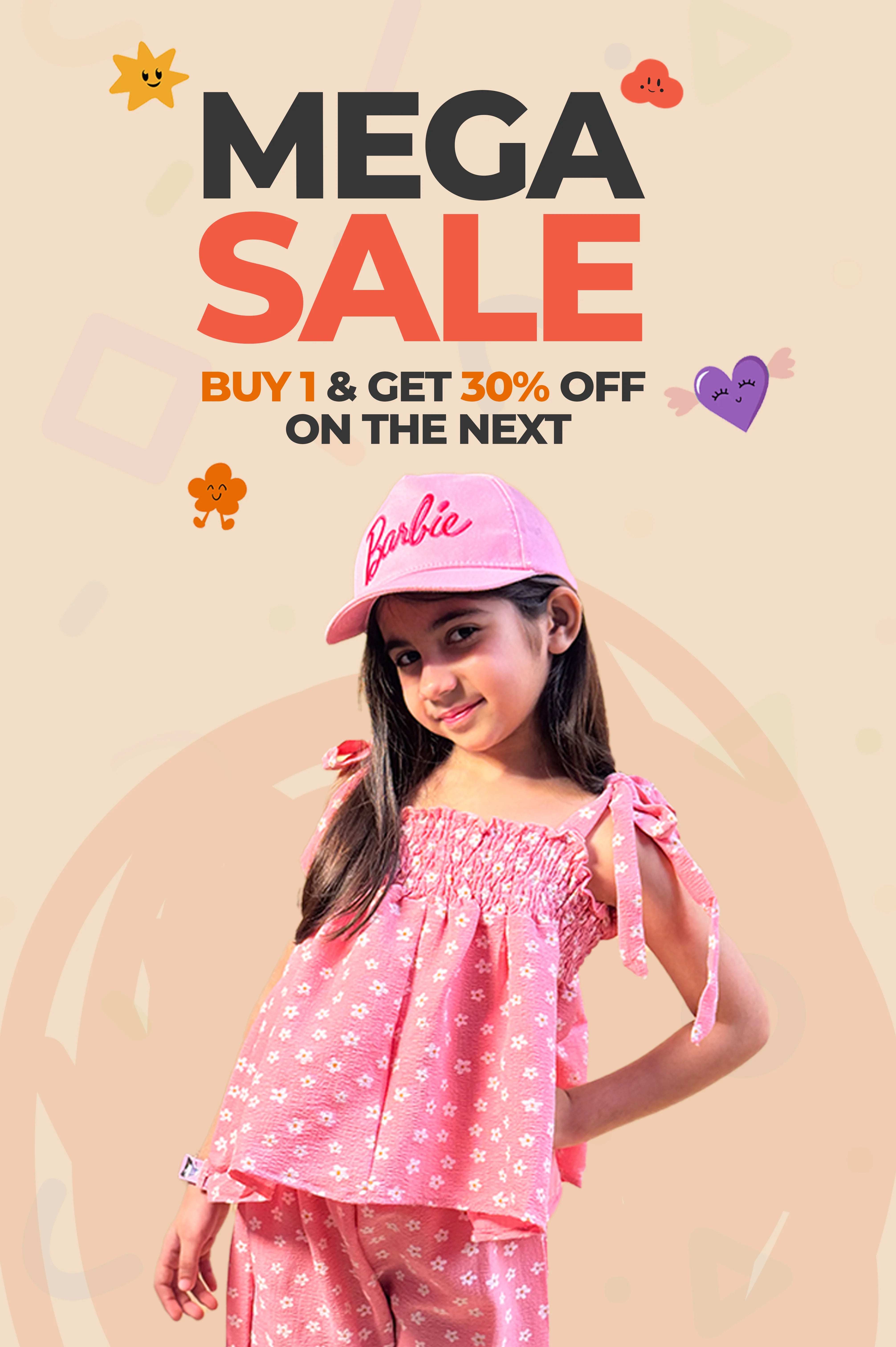 Child wearing a pink outfit with a 'Barbie' hat, promotional text for sale on a beige background