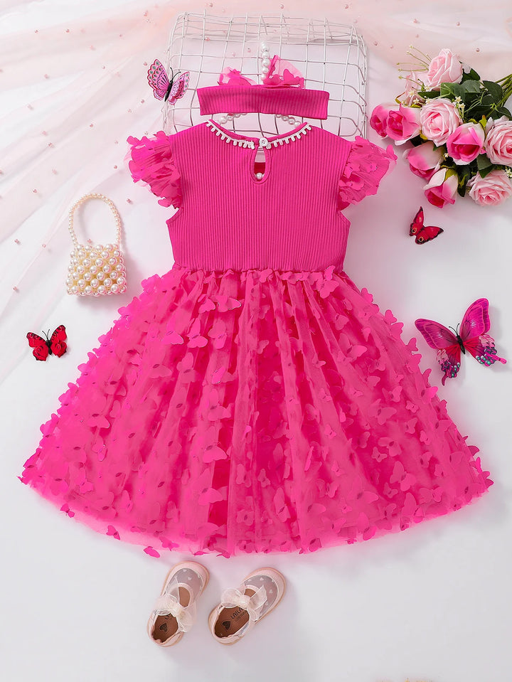 Pink dress with ruffled skirt, matching headband, and shoes on a white background with flowers and butterflies.
