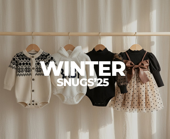 Children's winter clothing on hangers with 'Winter Snugs 25' text.