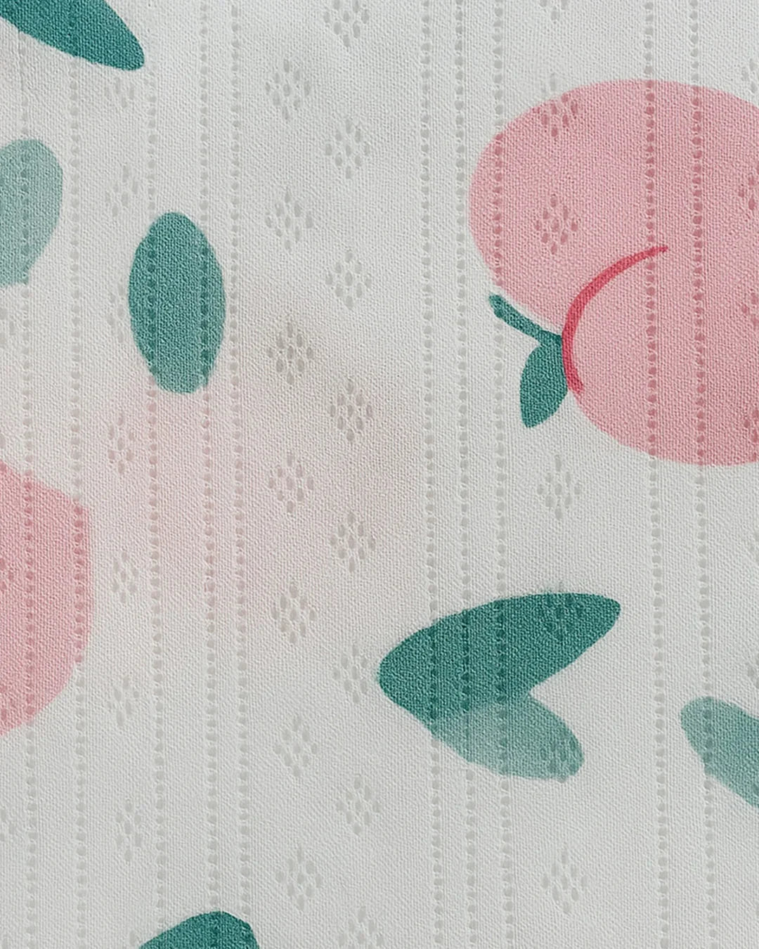 Pattern of pink peaches with green leaves on a textured white background