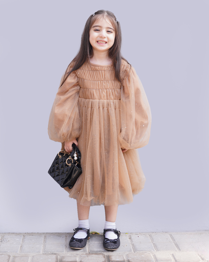 Brown Puff Sleeve Smock Dress