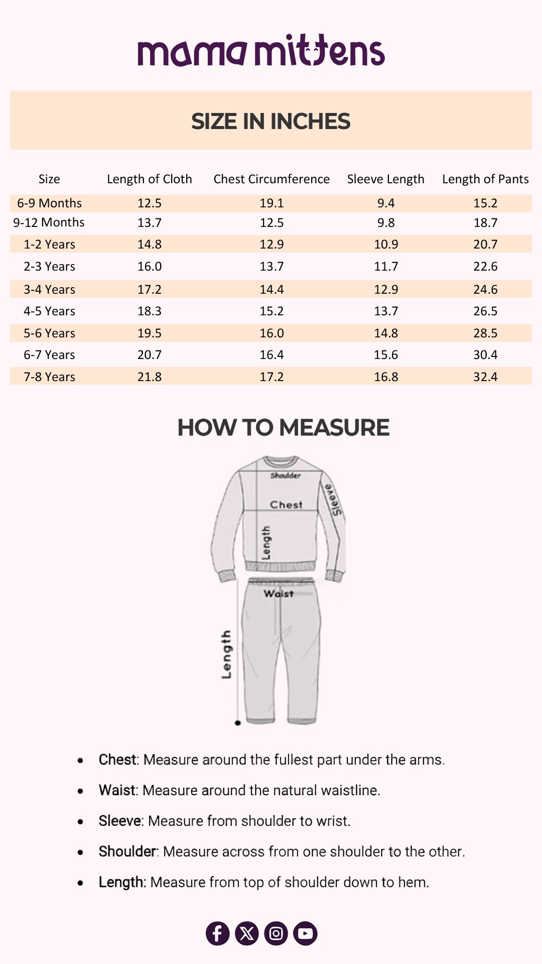 Size Chart for Cuddle Safari Giraffe Set